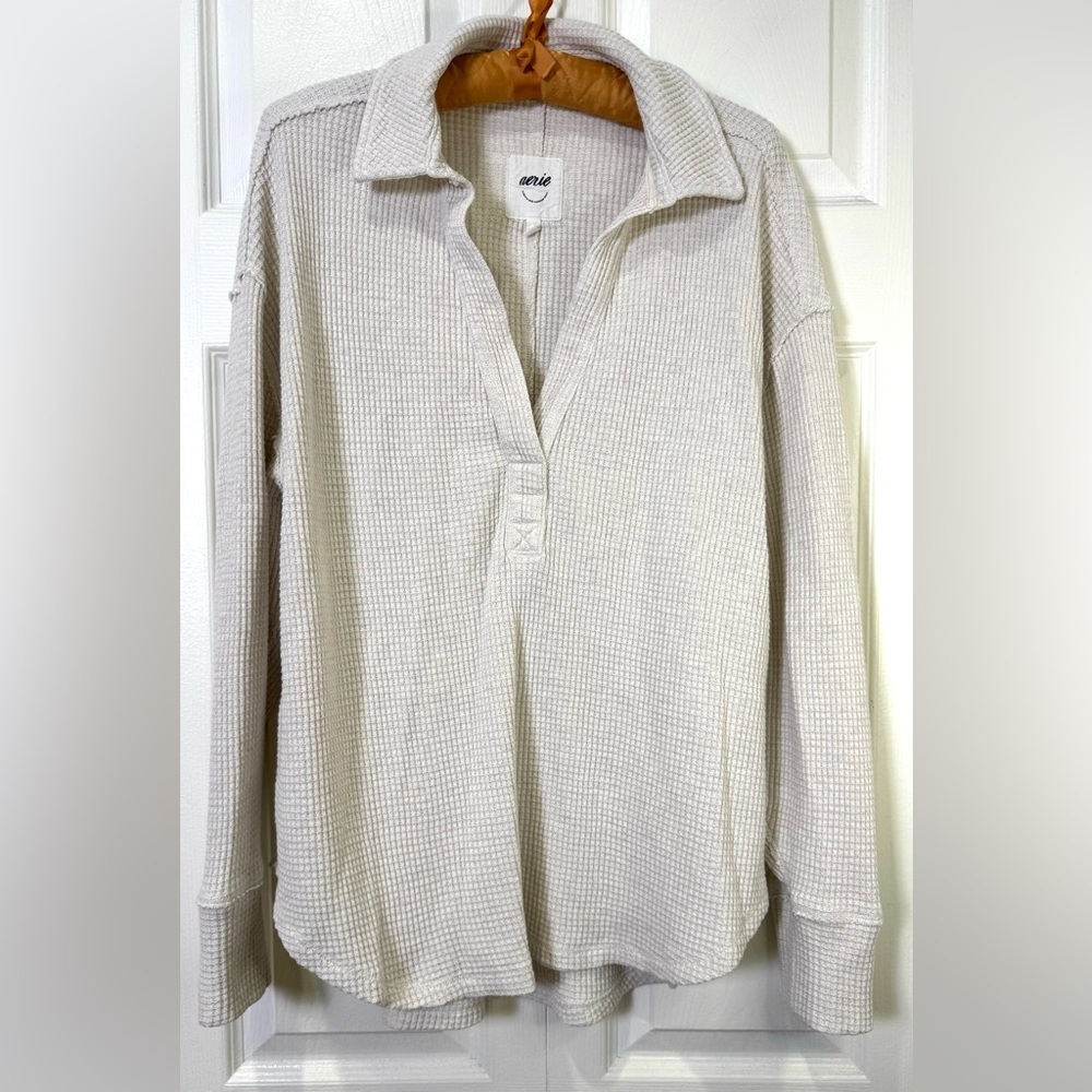 Aerie LumberJane Waffle Knit Polo Shirt – Beige/Oatmeal Oversized Small EUC